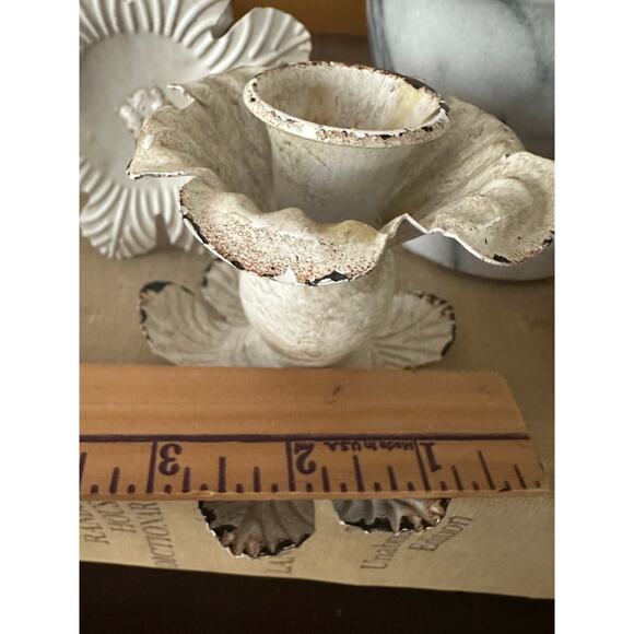 White metal floral taper candle holders distressed primitive pair cottage set - Picture 10 of 10